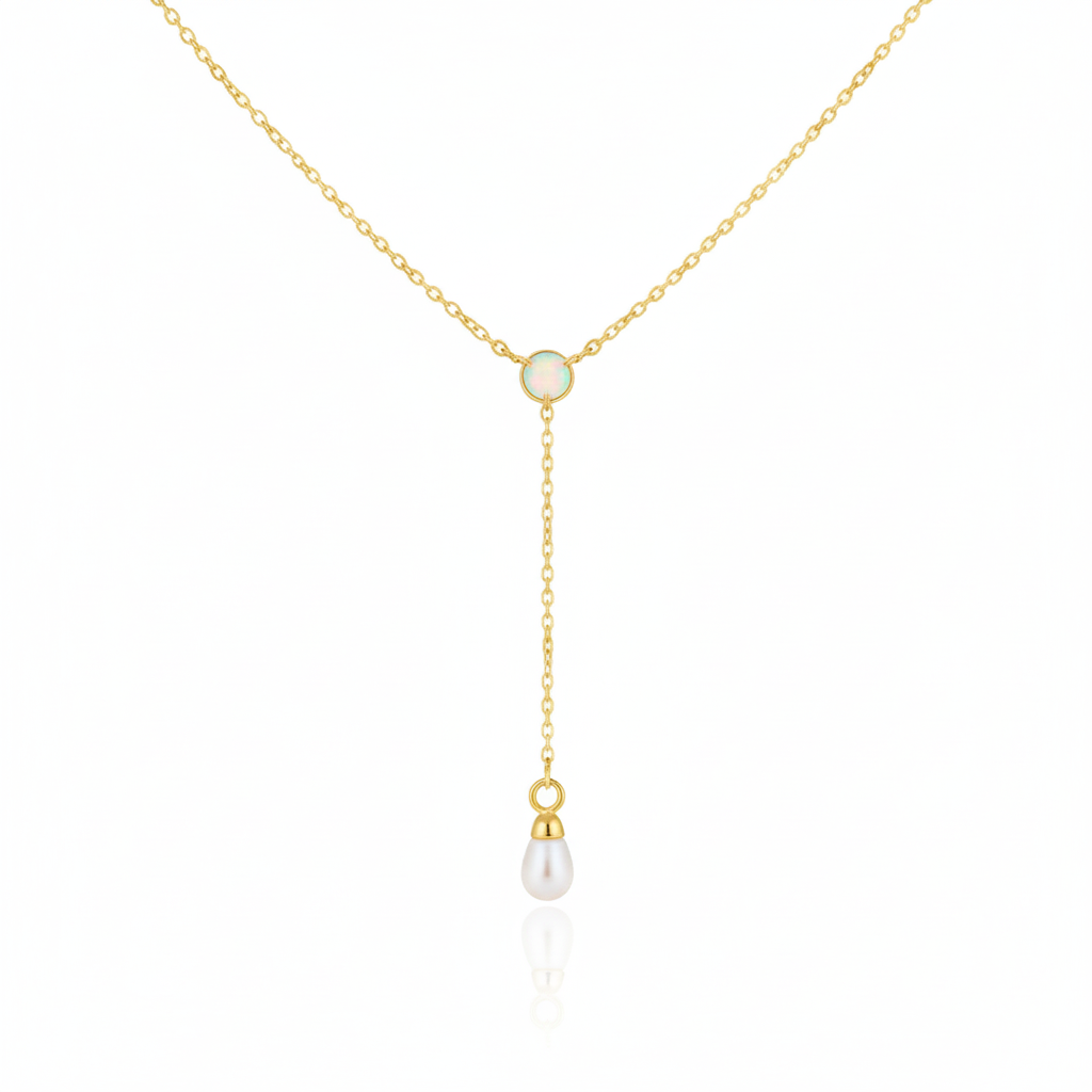 18K Gold Plated Opal and Pearl Charm Y Chain Necklace - Love Mi