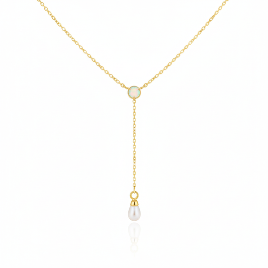 18K Gold Plated Opal and Pearl Charm Y Chain Necklace - Love Mi