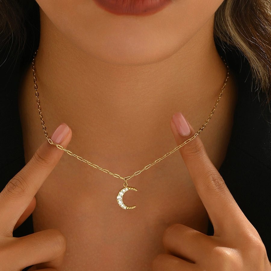 Jewelry Simple Style Classic Style Moon 304 Stainless Steel Rhinestones 14K Gold Plated Polishing Plating Inlay Pendant Necklace - Love Mi