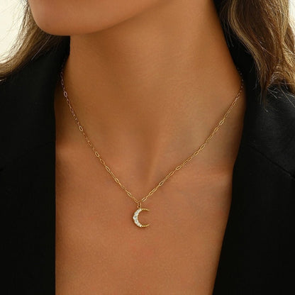 Jewelry Simple Style Classic Style Moon 304 Stainless Steel Rhinestones 14K Gold Plated Polishing Plating Inlay Pendant Necklace - Love Mi