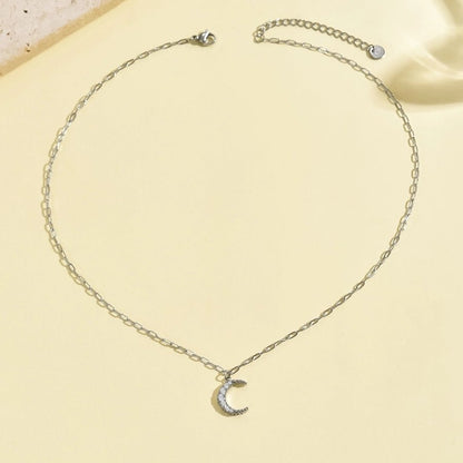 Jewelry Simple Style Classic Style Moon 304 Stainless Steel Rhinestones 14K Gold Plated Polishing Plating Inlay Pendant Necklace - Love Mi