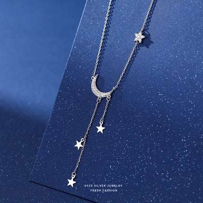 925 Sterling Silver Zircon cable chain Plating Star Moon Pendant Necklace