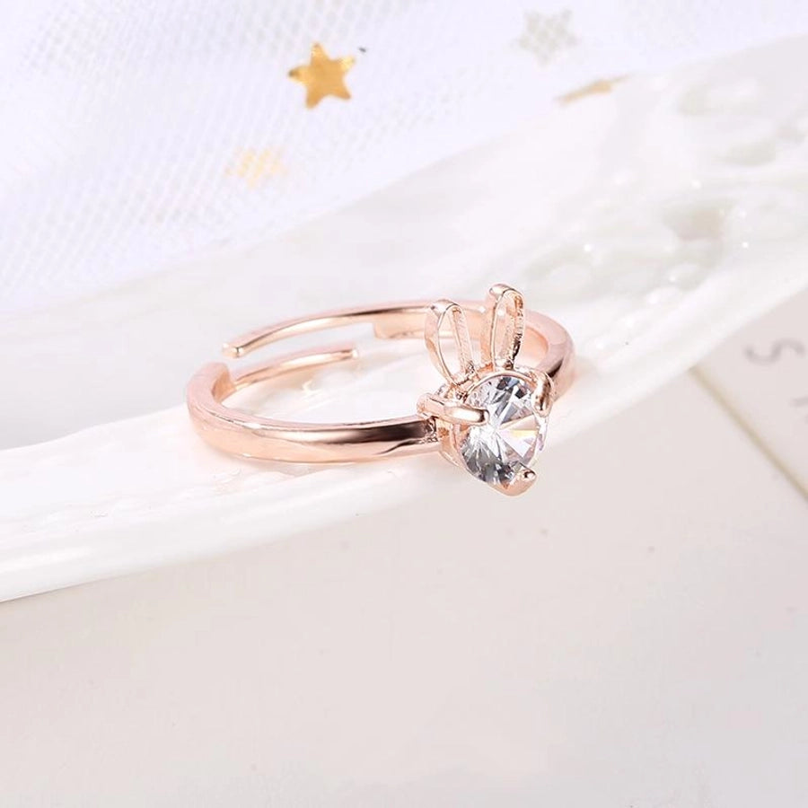 new cute rabbit copper inlaid zircon ring opening adjustable ring - Love Mi