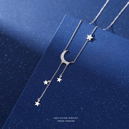 925 Sterling Silver Zircon cable chain Plating Star Moon Pendant Necklace